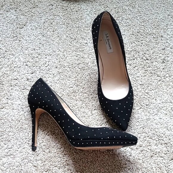 L.K. Bennett Clare Gold Studded Black Suede Pumps - Picture 3 of 13